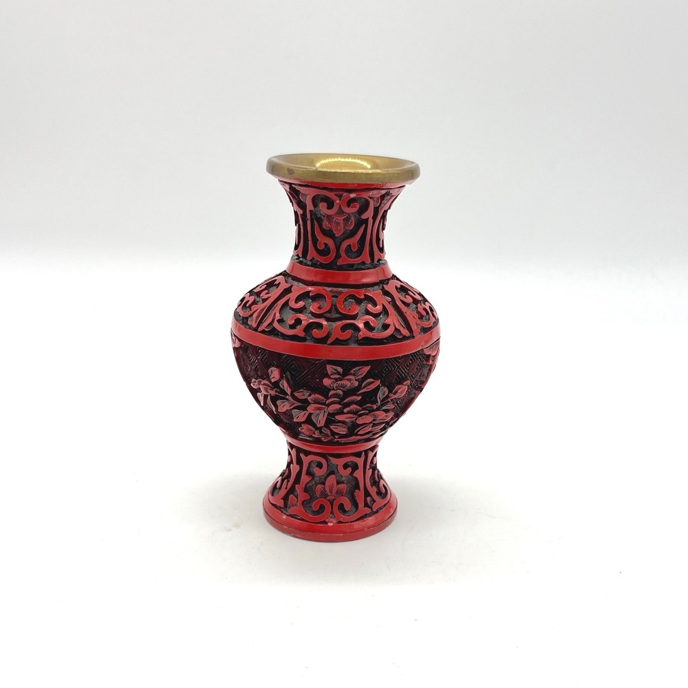 Vintage Miniature Carved‎ Cinnabar Red Floral Vase with Brass Trim 4.25in